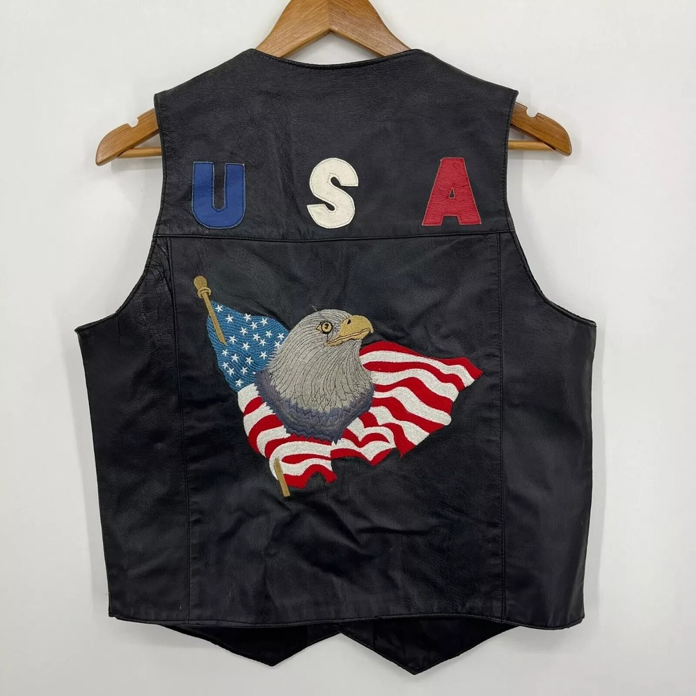 Leather World Lucky Leather Mens Black Biker Vest Eagle USA Flag Small